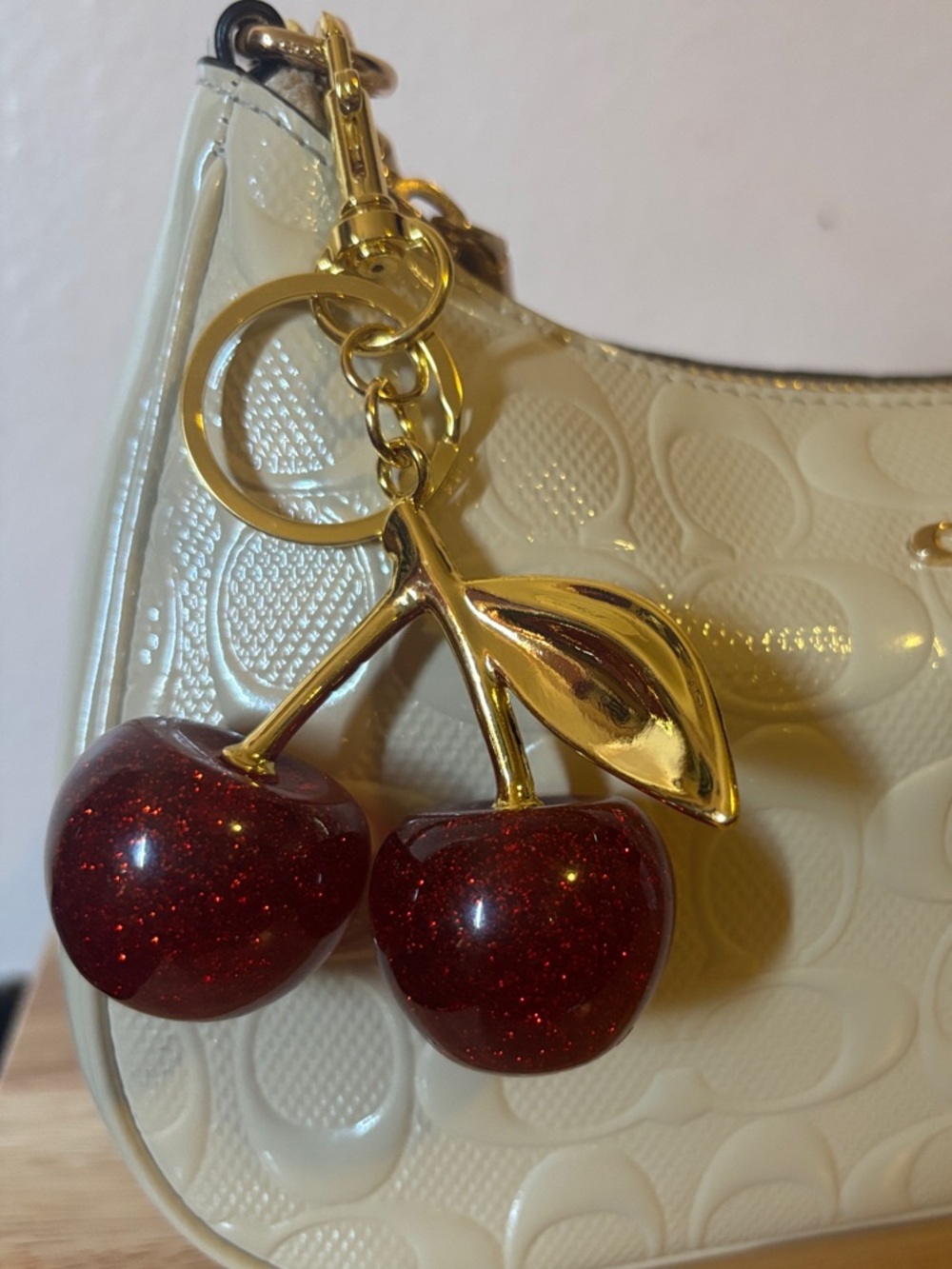 Sparkling Red Cherry Bag Charm, Keychain With Bronze Hardware - Picture 3 of 5